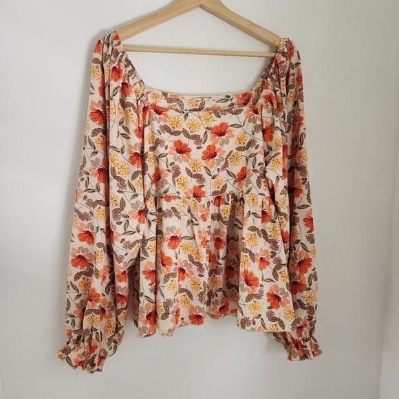 2/$20 SHEIN Curve Plus Floral Print Lantern Sleeve Peplum Hem Blouse Size 1X - Picture 6 of 12